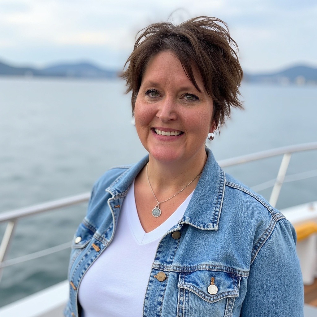 Kim McKenna smiling on a boat deck by the water